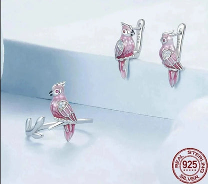 925 Sterling Silver Cute Parrot Ring and Earrings