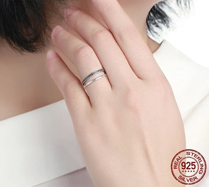925 Sterling Silver Double Circle Black Clear CZ Ring - TEA LU SHOP
