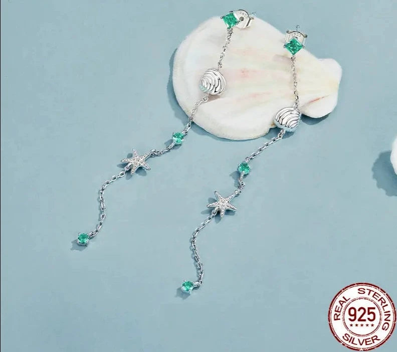 925 Sterling Silver Blue Ocean Drop Dangle Ear Threads