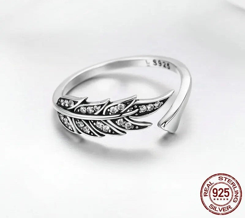 925 Sterling Silver Feather Wings Adjustable Ring - TEA LU SHOP