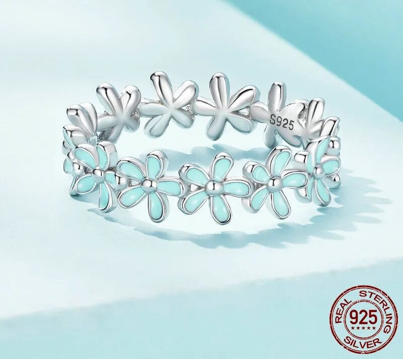 925 Sterling Silver Small Blue Flower Ring - TEA LU SHOP