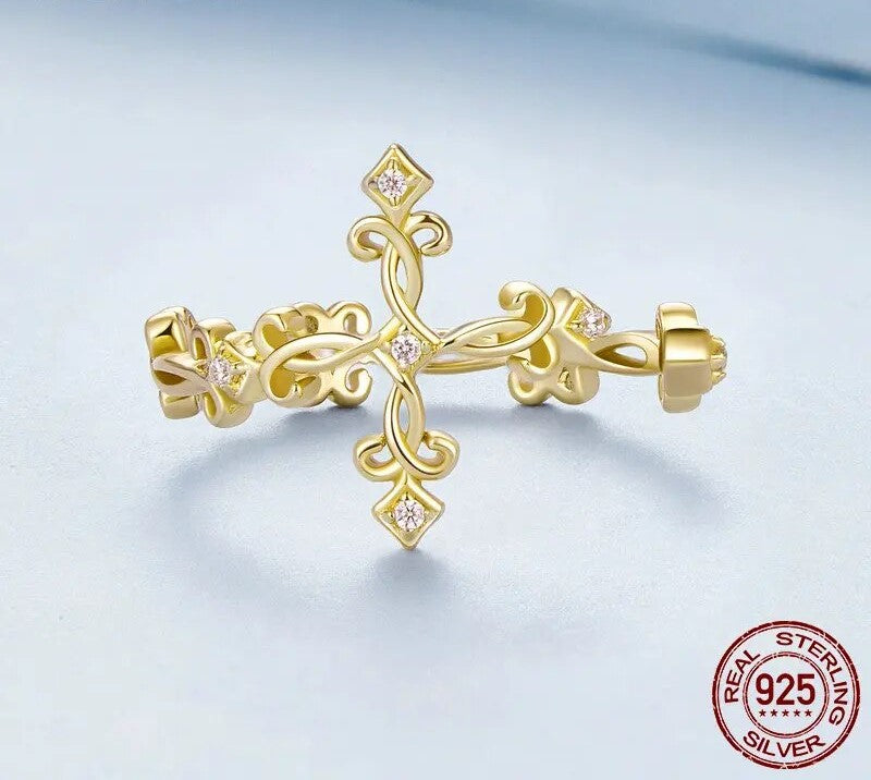 925 Sterling Silver Retro Pattern Cross Ring - TEA LU SHOP