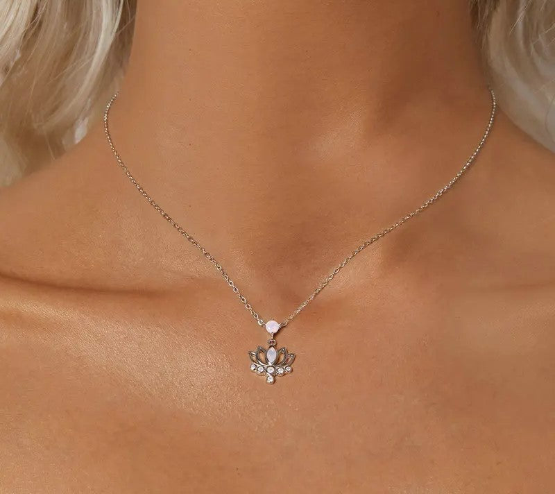 925 Sterling Silver Pink Opal Lotus Pendant Necklace - Shine Bright Store