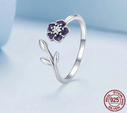 925 Sterling Silver Enamel Purple Flower Adjustable Ring - TEA LU SHOP