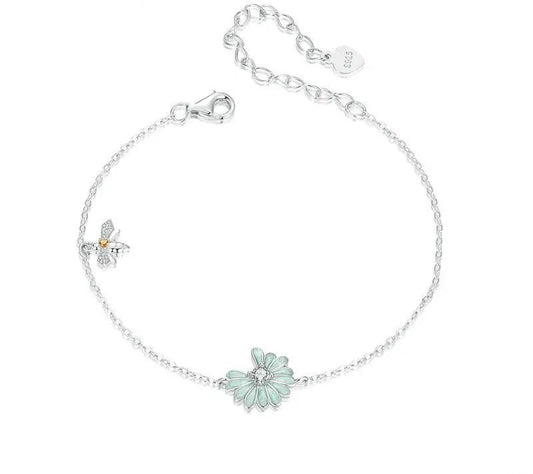 925 Sterling Silver Mint Green Daisy and Mini Bee Bracelet - Shine Bright Store