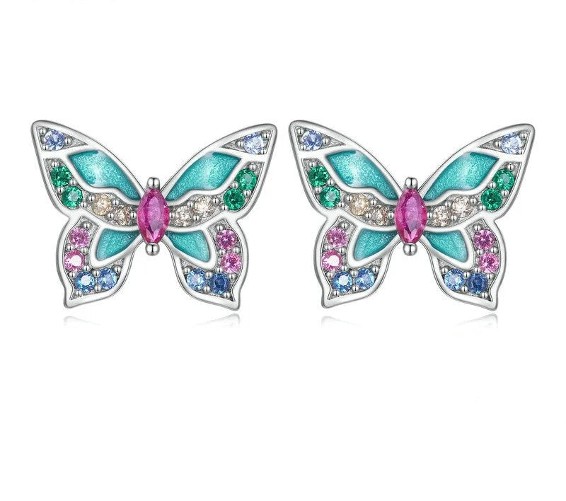 925 Sterling Silver Colorful Zircon Butterfly Stud Earrings - TEA LU SHOP