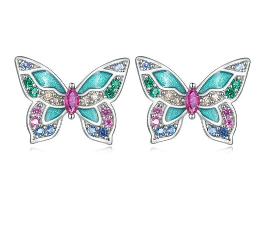 925 Sterling Silver Colorful Zircon Butterfly Stud Earrings - TEA LU SHOP