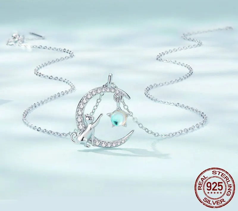 925 Sterling Silver Cute Cat Moon Necklace - TEA LU SHOP
