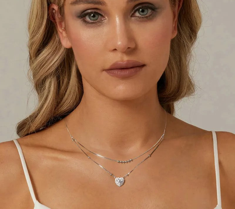 925 Sterling Silver Double-layer Heart Moissanite Necklace - Shine Bright Store