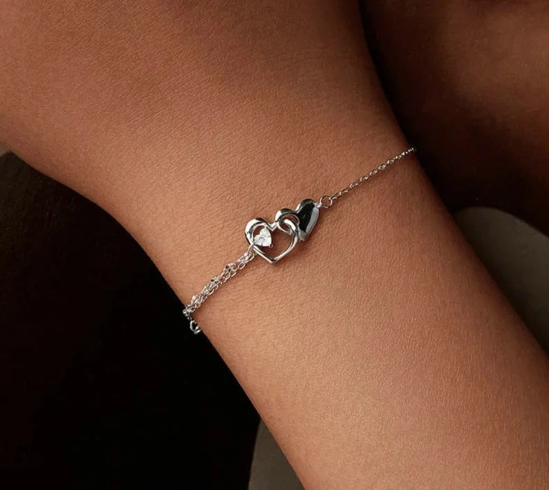 925 Sterling Silver Forever Love Heart Double Chain Bracelet