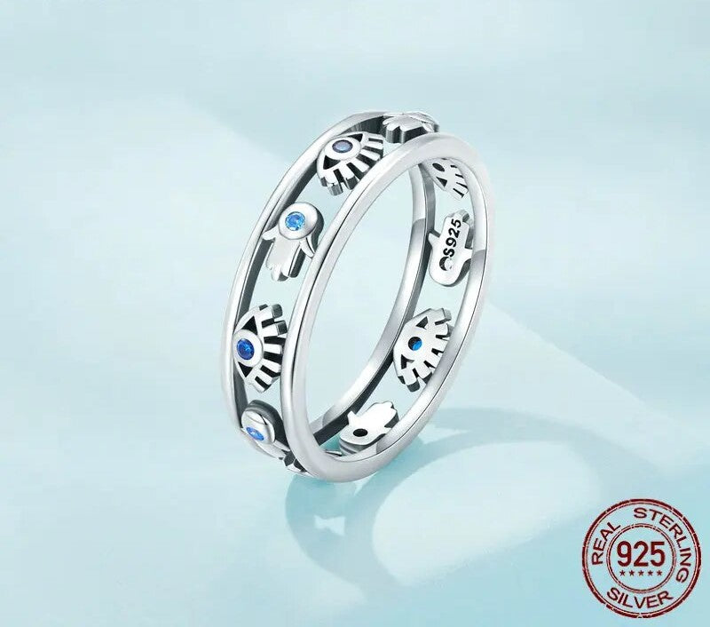 925 Sterling Silver Fatima's Hand and Devil Eye Finger Ring - TEA LU SHOP