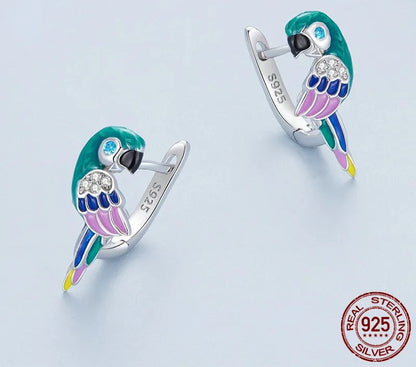 925 Sterling Silver Clolorful Enamel Parrot Hoop Earrings - TEA LU SHOP