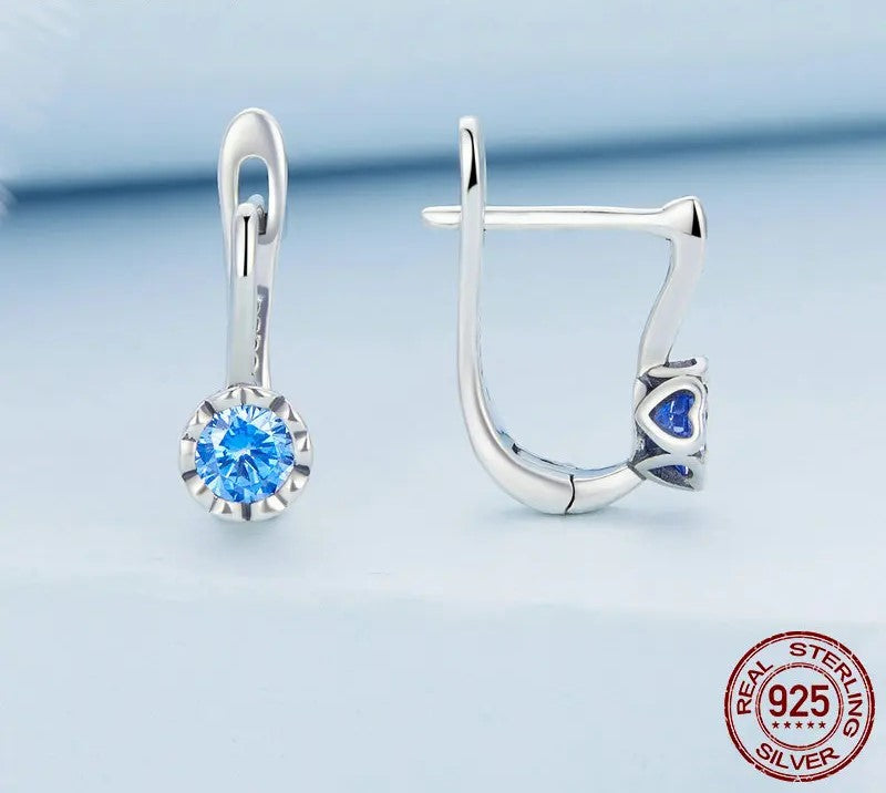 925 Sterling Silver Simple Shiny Blue Zircon Ear Buckles - TEA LU SHOP