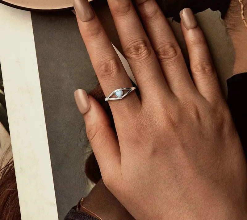 925 Sterling Silver Opal Heart Open Statement Ring