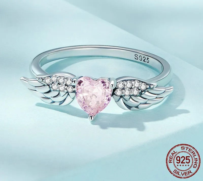 925 Sterling Silver Zircon Pink Heart Ring - TEA LU SHOP