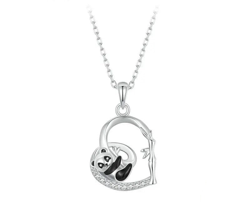 925 Sterling Silver Heart Shape Cute Panda Necklace - TEA LU SHOP