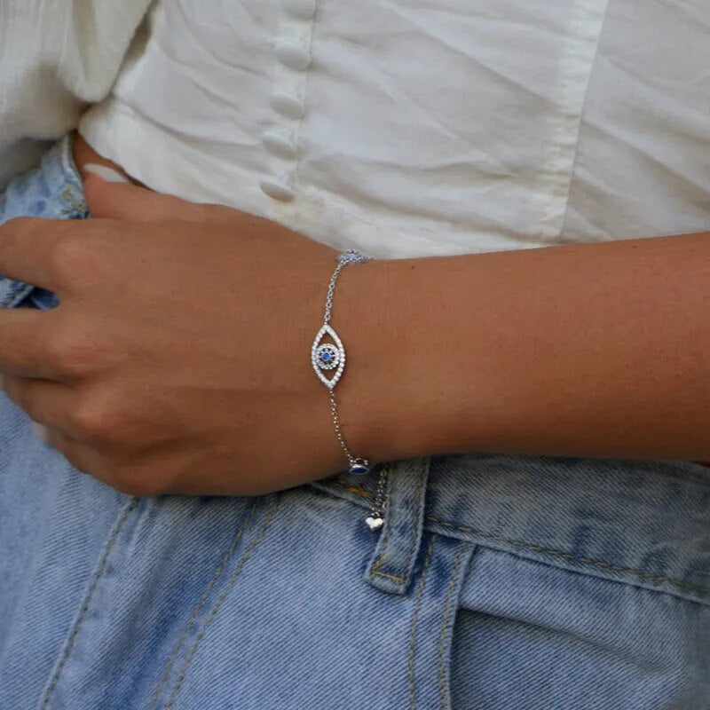 925 Sterling Silver Blue Zircon Evil Eyes Bracelet - TEA LU SHOP