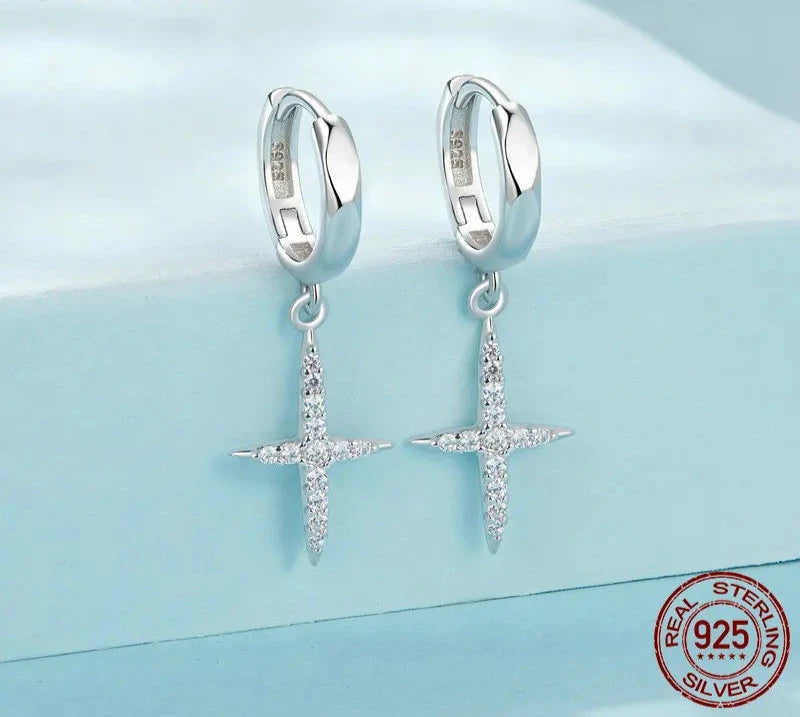925 Sterling Silver Dainty Cross Hoop Earrings