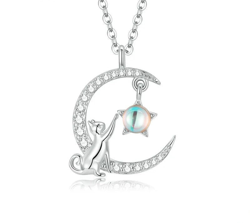 925 Sterling Silver Cute Cat Moon Necklace - TEA LU SHOP