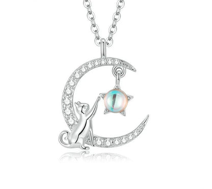 925 Sterling Silver Cute Cat Moon Necklace - TEA LU SHOP