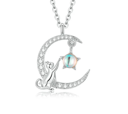 925 Sterling Silver Cute Cat Moon Necklace - TEA LU SHOP
