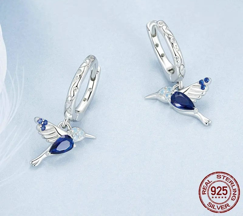 925 Sterling Silver Blue Opal Hummingbird Hoop Earrings - Shine Bright Store