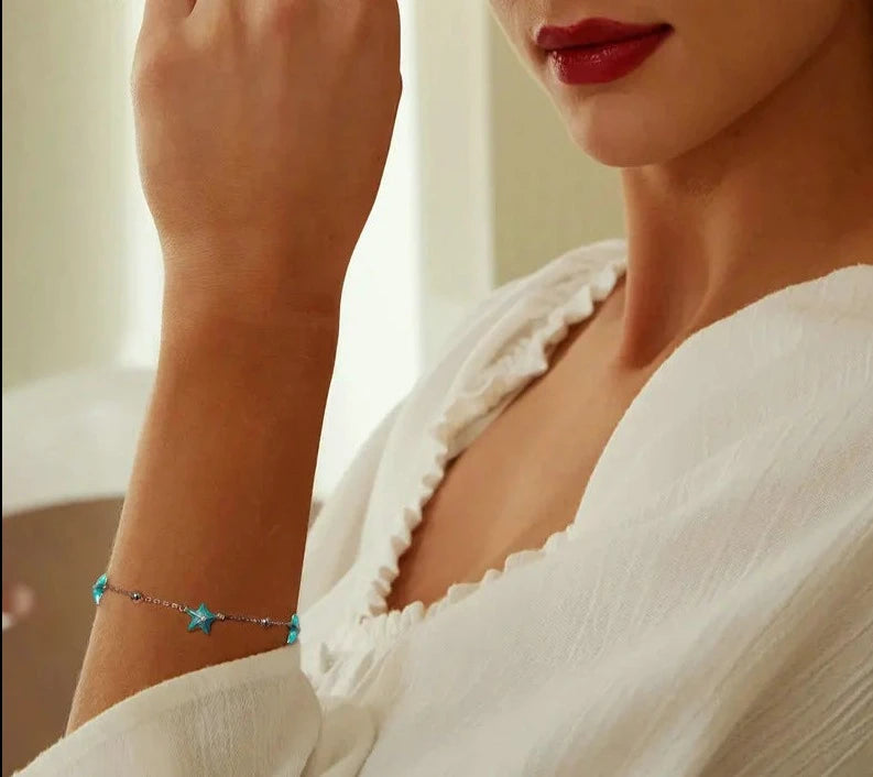 925 Sterling Blue-Green Starfish Link Chain Bracelet