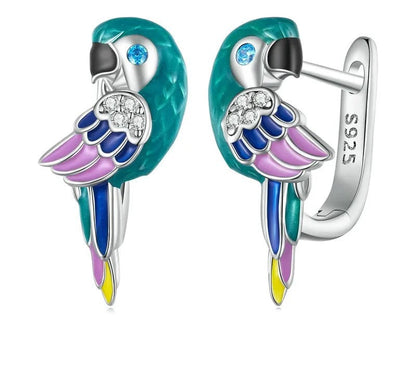 925 Sterling Silver Clolorful Enamel Parrot Hoop Earrings - TEA LU SHOP