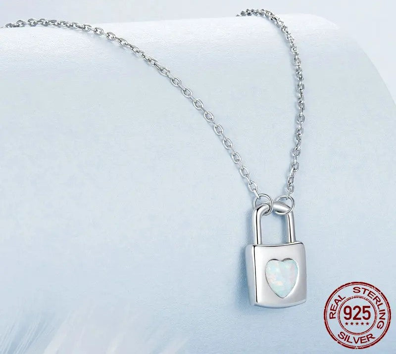925 Sterling Silver Opal Heart Lock Necklace - Shine Bright Store