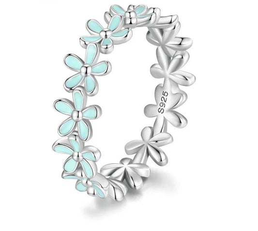 925 Sterling Silver Small Blue Flower Ring - TEA LU SHOP