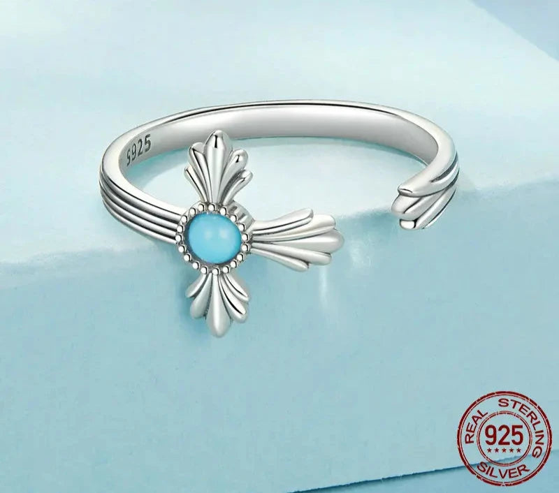 925 Sterling Silver Turquoise Cross Ring