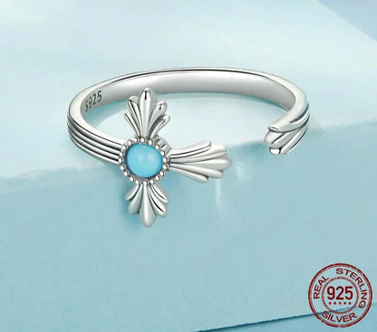 925 Sterling Silver Turquoise Cross Ring