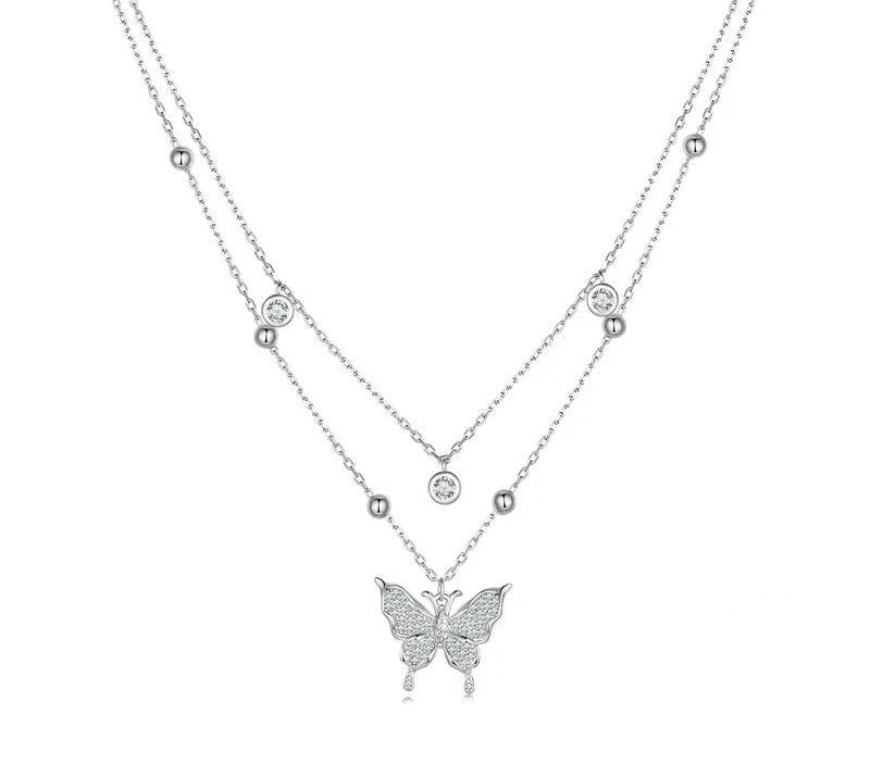 925 Sterling Silver Double-layer Tassel Butterfly Necklace - TEA LU SHOP