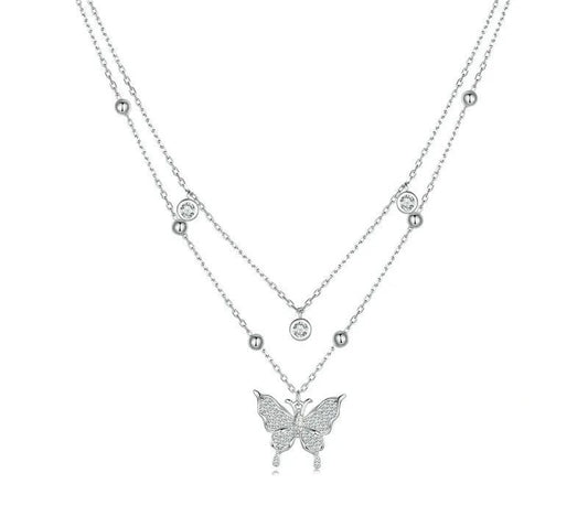 925 Sterling Silver Double-layer Tassel Butterfly Necklace - TEA LU SHOP