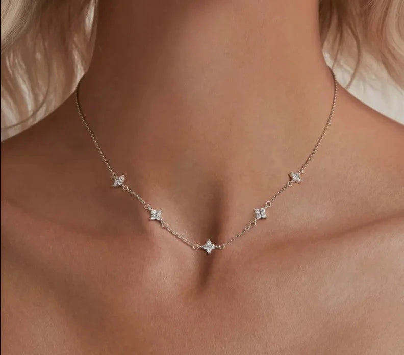 Dainty Stars Necklace with Four-Leaf Clover CZ
