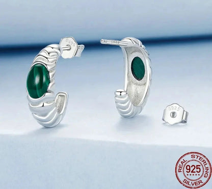 925 Sterling Silver Women Malachite Huggie Earrings