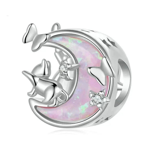 925 Sterling Silver Opal Moon Cat Charm