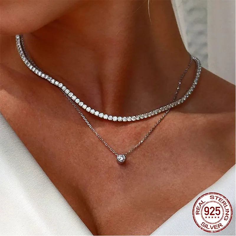 925 Sterling Silver Round Cubic Zircon Necklace - TEA LU SHOP