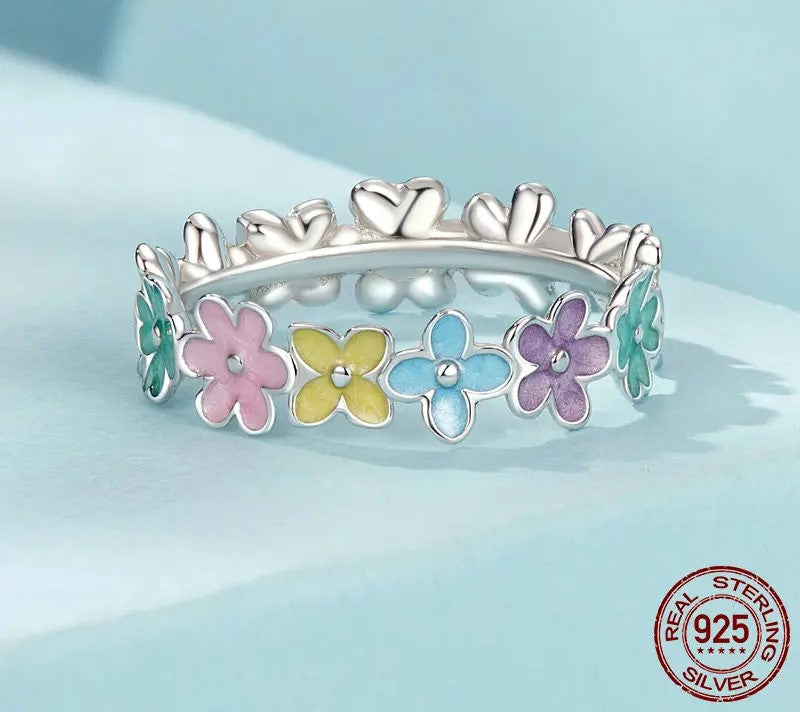 925 Sterling Silver Multi-color Enamel Mini Flower Ring - Shine Bright Store