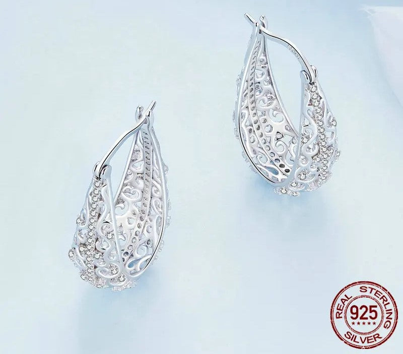 925 Sterling Silver Decorative Hoop Earrings - TEA LU SHOP