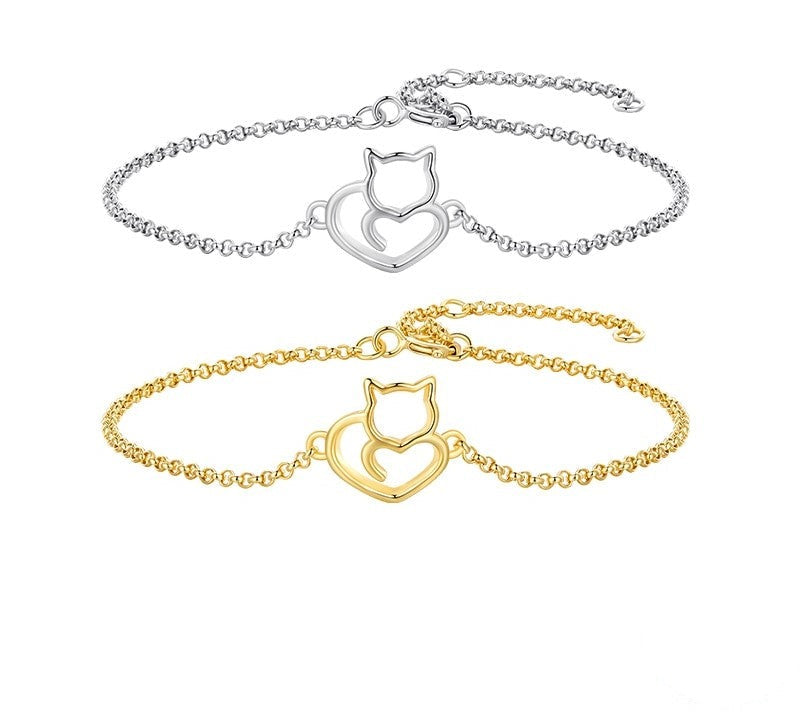 925 Sterling Silver Cat And Heart Chain Bracelets - TEA LU SHOP