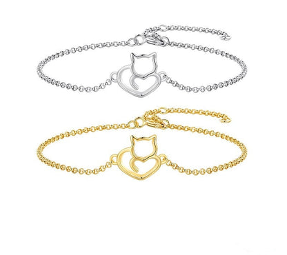 925 Sterling Silver Cat And Heart Chain Bracelets - TEA LU SHOP