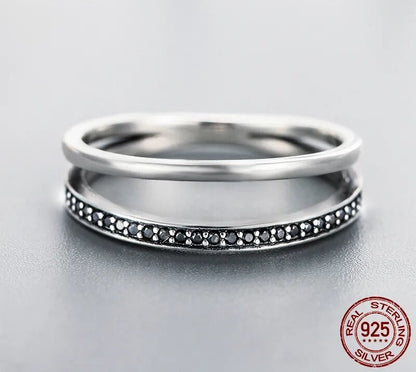 925 Sterling Silver Double Circle Black Clear CZ Ring - TEA LU SHOP