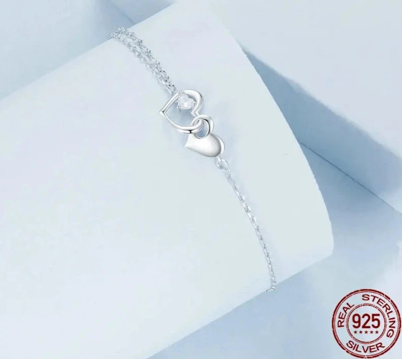 925 Sterling Silver Forever Love Heart Double Chain Bracelet