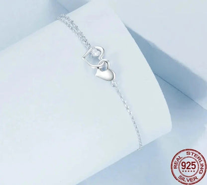 925 Sterling Silver Forever Love Heart Double Chain Bracelet