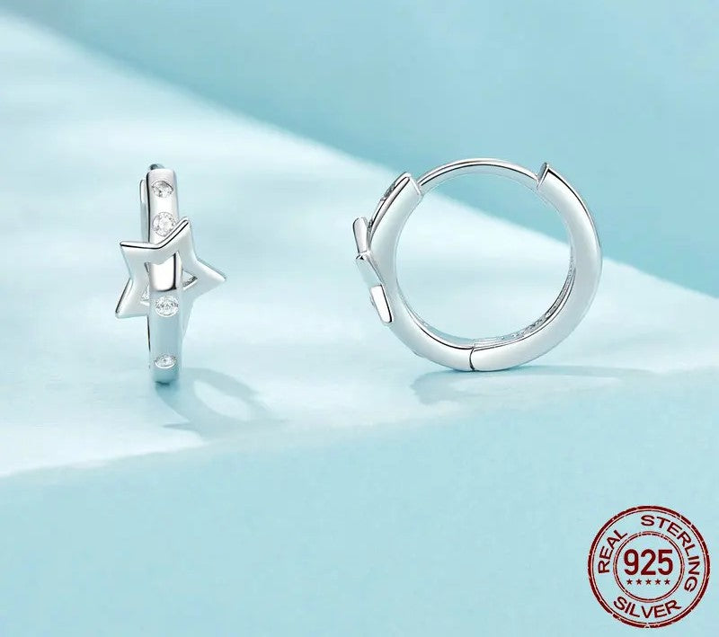 925 Sterling Silver CZ Star Hypoallergenic Small Hoop Earrings - Shine Bright Store