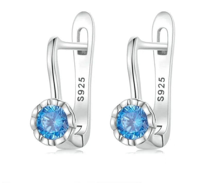 925 Sterling Silver Simple Shiny Blue Zircon Ear Buckles - TEA LU SHOP