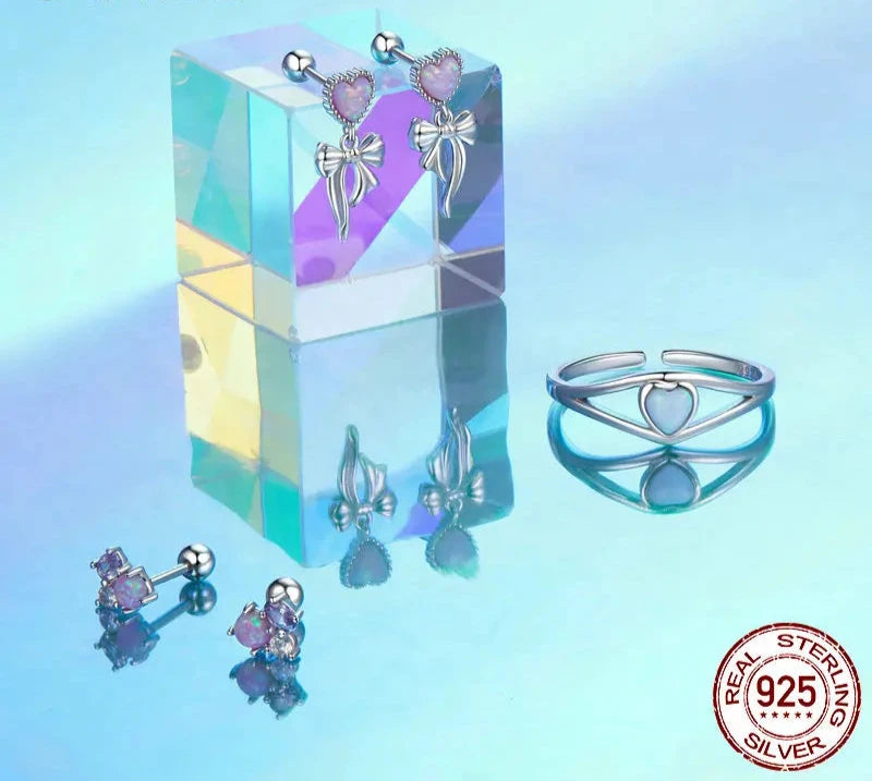 925 Sterling Silver Opal Heart Open Statement Ring