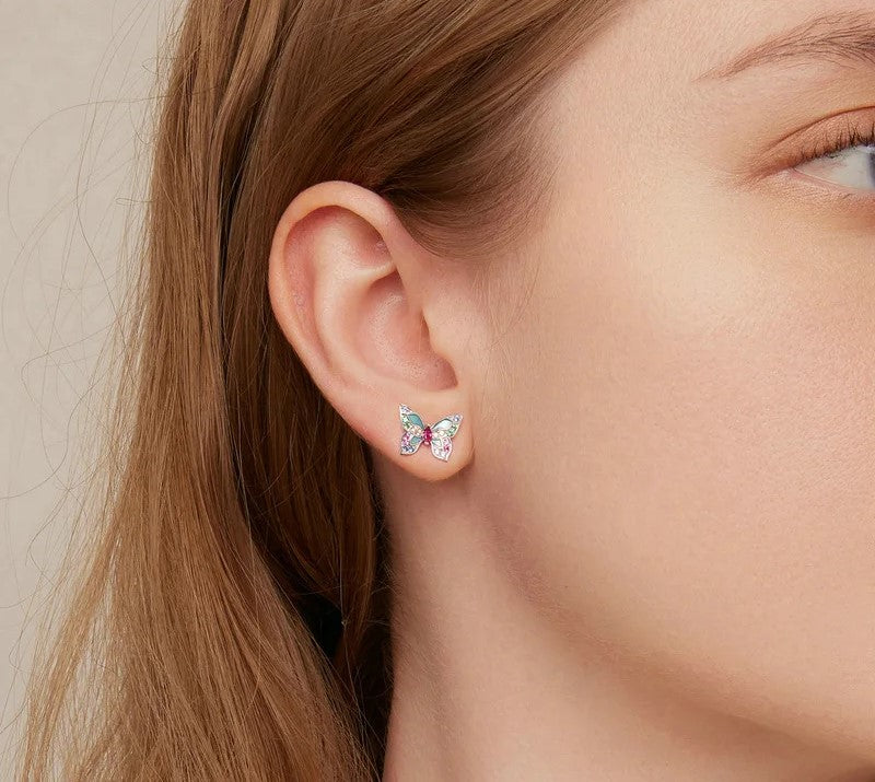 925 Sterling Silver Colorful Zircon Butterfly Stud Earrings - TEA LU SHOP