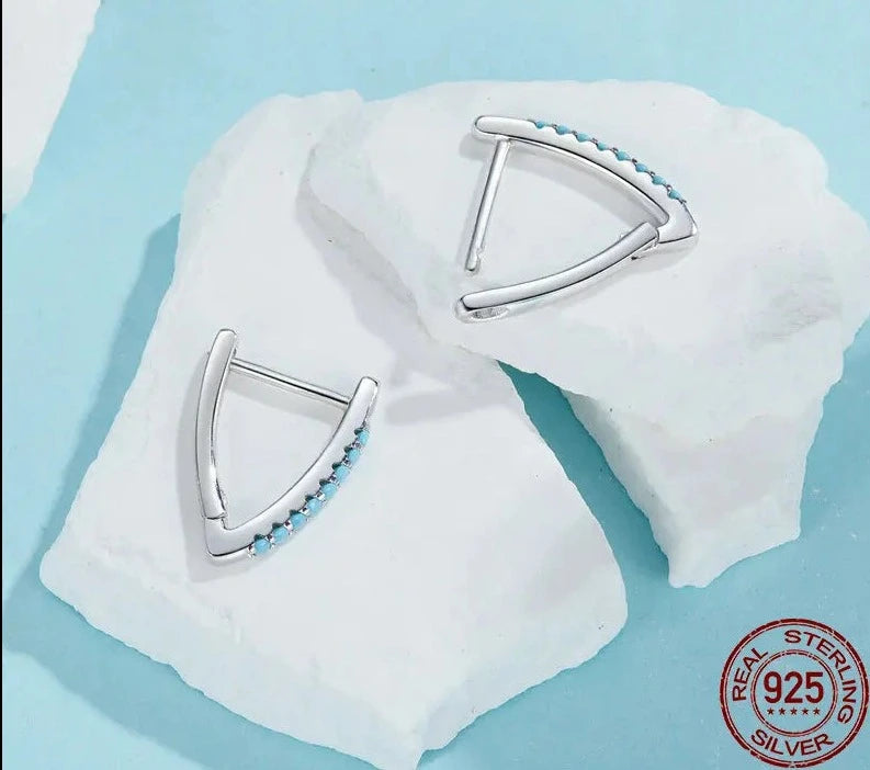 925 Sterling Silver V Shape Turquoise Hoop Earrings